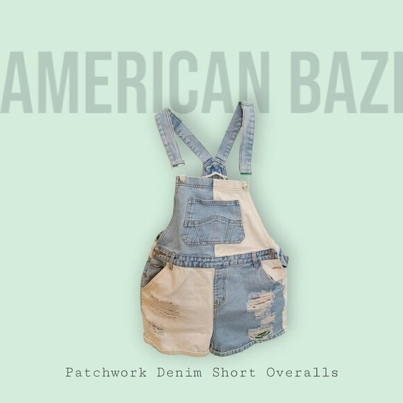 American Bazi - Patchwork Denim Short Overalls - Picture 1 of 9